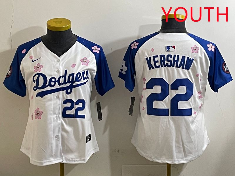 Youth Los Angeles Dodgers 22 Kershaw White Blue Sakura Edition 2025 Nike MLB Jersey style 2